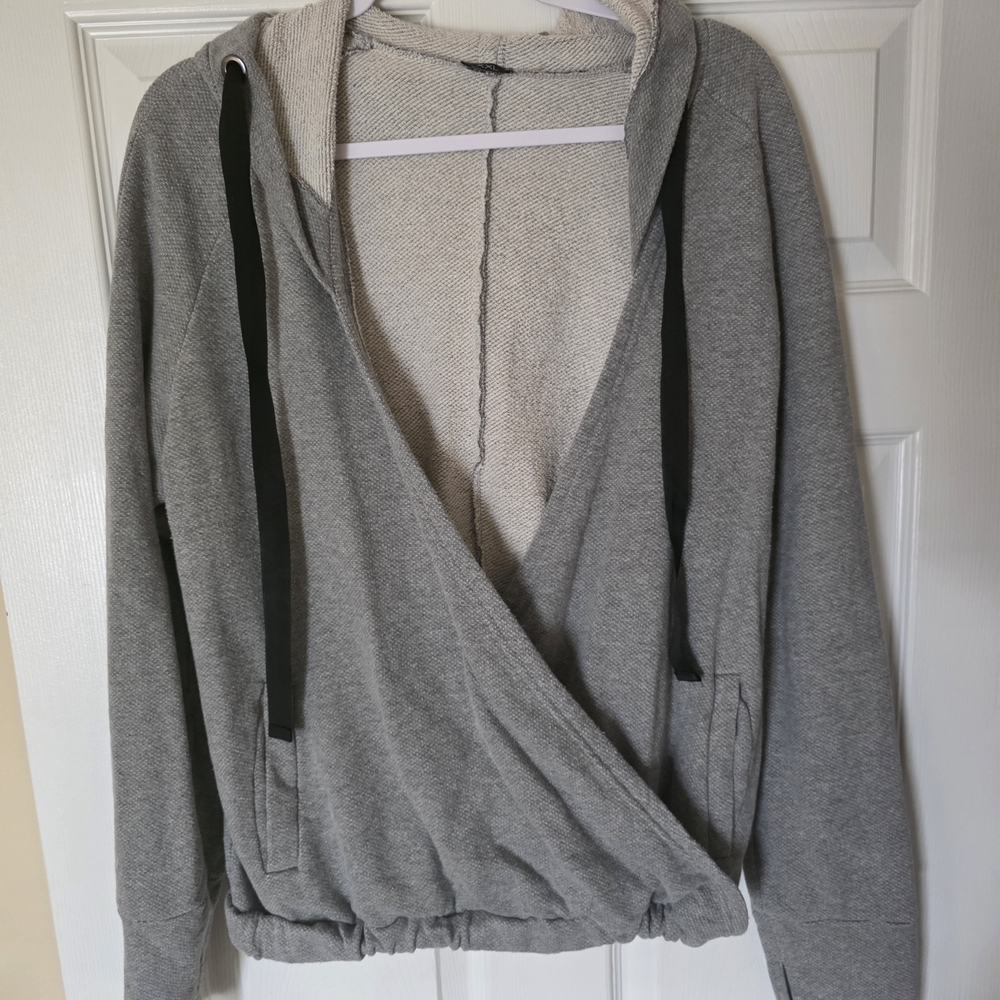 Grey Wrap Hoodie with Black Drawstrings